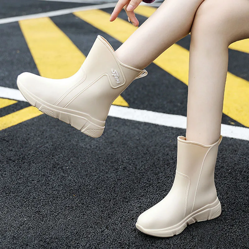 Spring Fashion Rain Boots Women Mid-tube Thick Bottom PVC Non-Slip Wear-Resistant Waterproof Outdoor Car Wash Water Shoes Women
