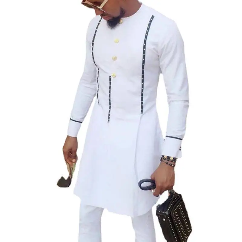 Ramadan Eid Muslim Fashion Men Shirt Arabian Indian Long Sleeve Crew Neck White Printing Abayas Dubai Casual Islamic Clothing