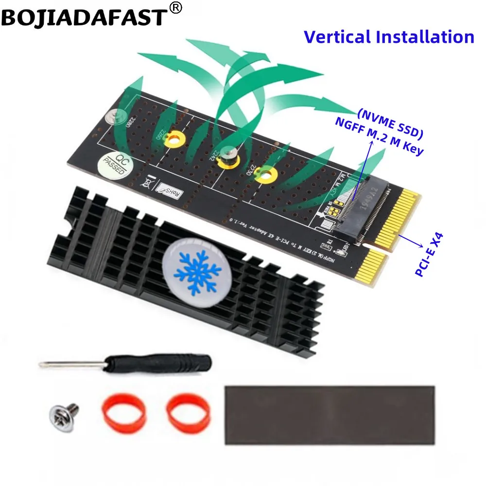 

PCI Express X4 PCI-E 3.0 4X to M.2 NGFF Key-M NVME SSD Converter Adapter Card With Black Heatsink - Vertical Installation