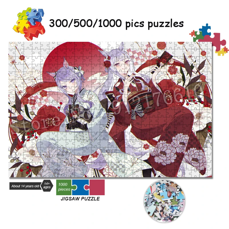 

Japan Anime Animal Ears Jigsaw Puzzles for Adults 300/500/1000 Pieces Puzzle Japanese Clothes Bow Cartoon Educational Game Toys