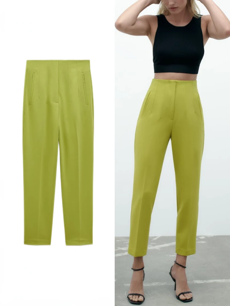 

ZBZA женские весенние новые пригородные плиссированные брюки до щиколотки с высокой талией, швы, девять точек, тонкие брюки с высокой талией, маленькие брюки, брюки с манжетами
