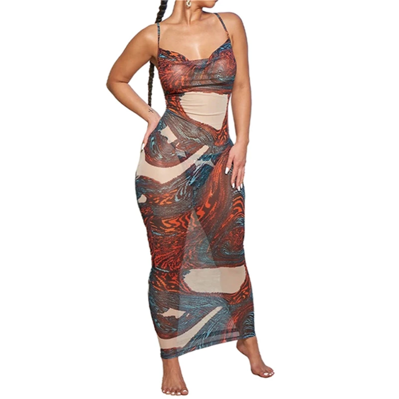 

2000s Women Long Dresses y2k Aesthetic Mesh See Through Sleeveless Sling Design Slim Fit Summer Maxi Dress Casual Party Clothing