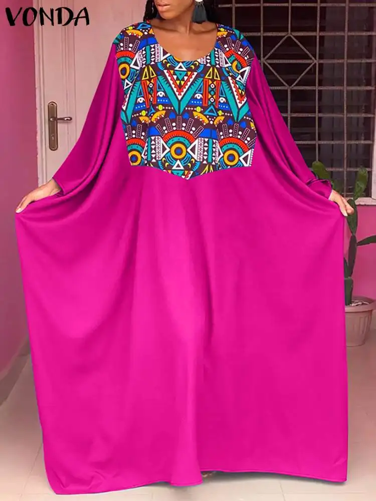 

Women Maxi Long Dress 2022 VONDA Vintage Long Sleeve Printed Party Dress Beach Summer Sundress Pleated Party Vestidos Robe Femme