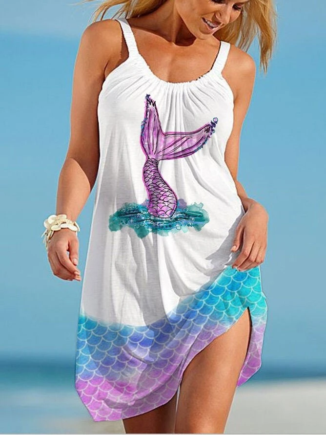 Mermaid Fish Beach Dresses Women's Fashion Summer Casual Sexy Dress Women Mid-length Hem Elegant Dress 3D Sundress Sleeveless