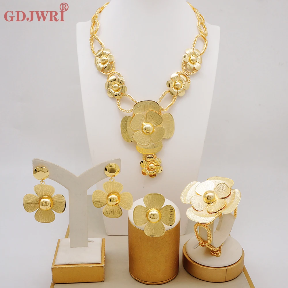Дубай, Африканский цвет, свадебный цветок, ожерелье, Бразильское золото, покрытые серьги, браслет, кольцо, наборы, набор украшений для женщин Gift