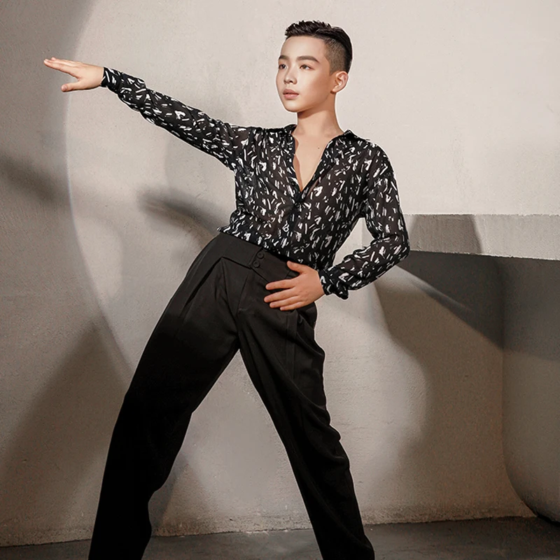 

Шифоновые рубашки с леопардовым принтом, детские костюмы для латиноамериканских танцев для мальчиков, платье для румбы, танго, Мужская одежда для латиноамериканских танцев DQS9527