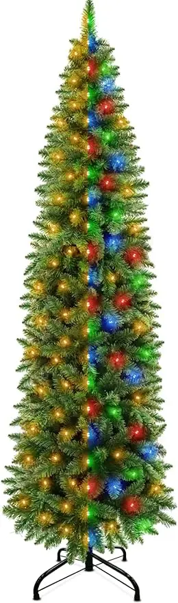 

6 Ft Prelit Artificial Slim Christmas Tree, 240 Warm White & Multi Color Change Lights, 658 Thick Branch Tips, Fire-Resistant,