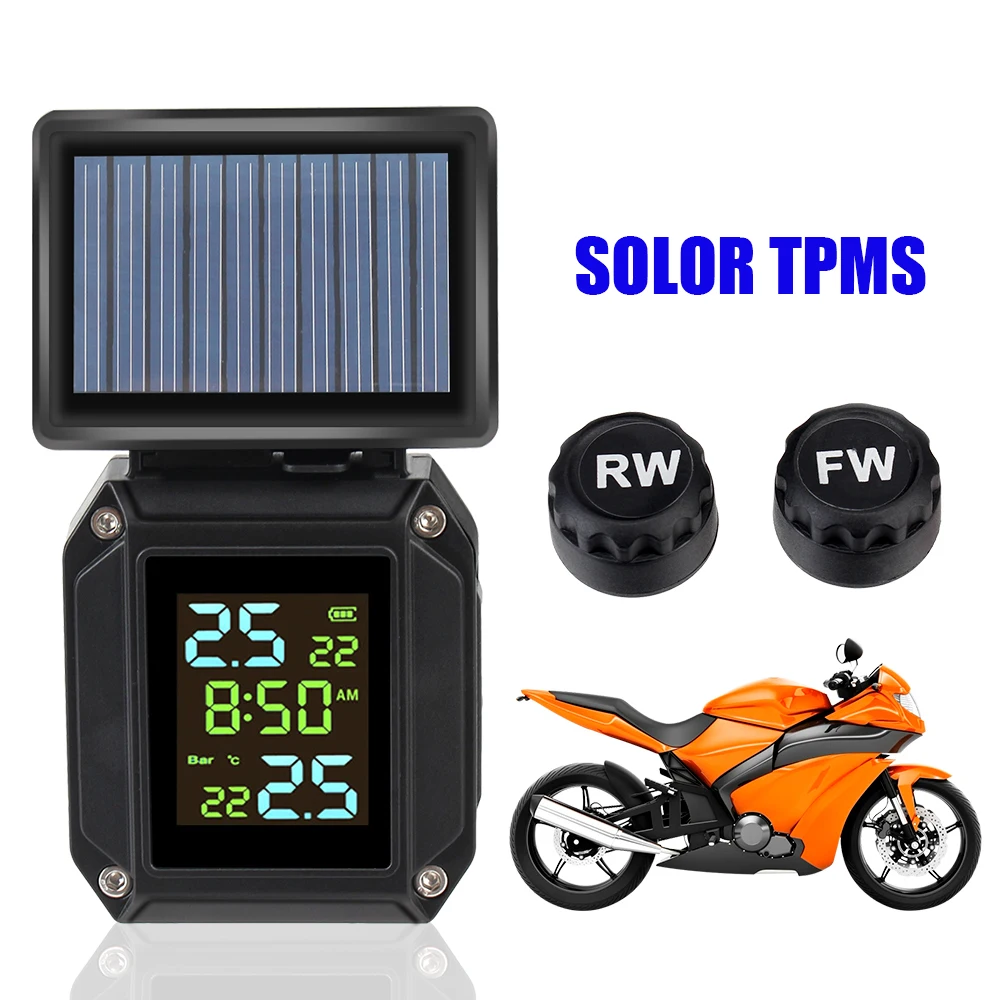 

Tyre Temperature Alarm Wireless Tire Pressure Monitoring System Solor USB Charge 2 External Sensors Motorcycle TPMS LCD Display