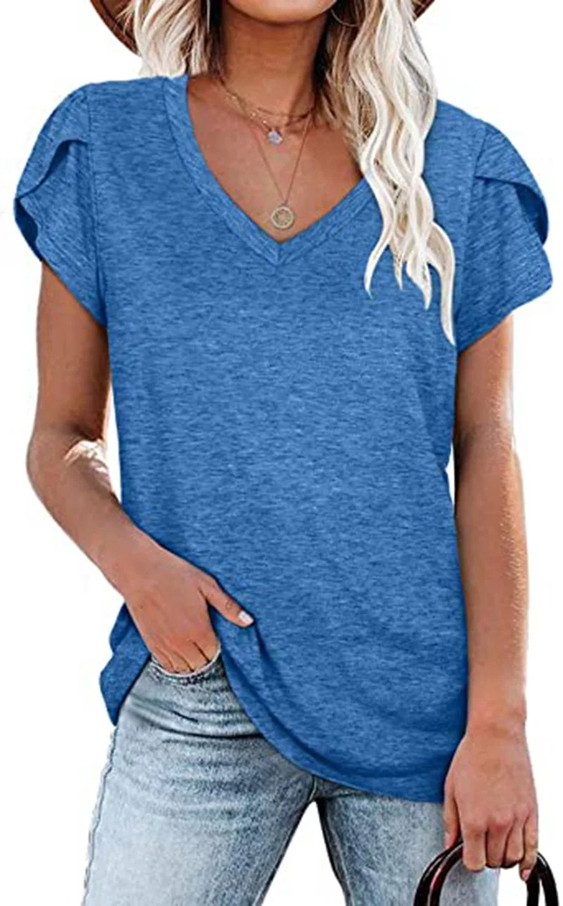 

2022 Casual Short Sleeve Solid Color V-Neck Summer Women's T-Shirt grey
