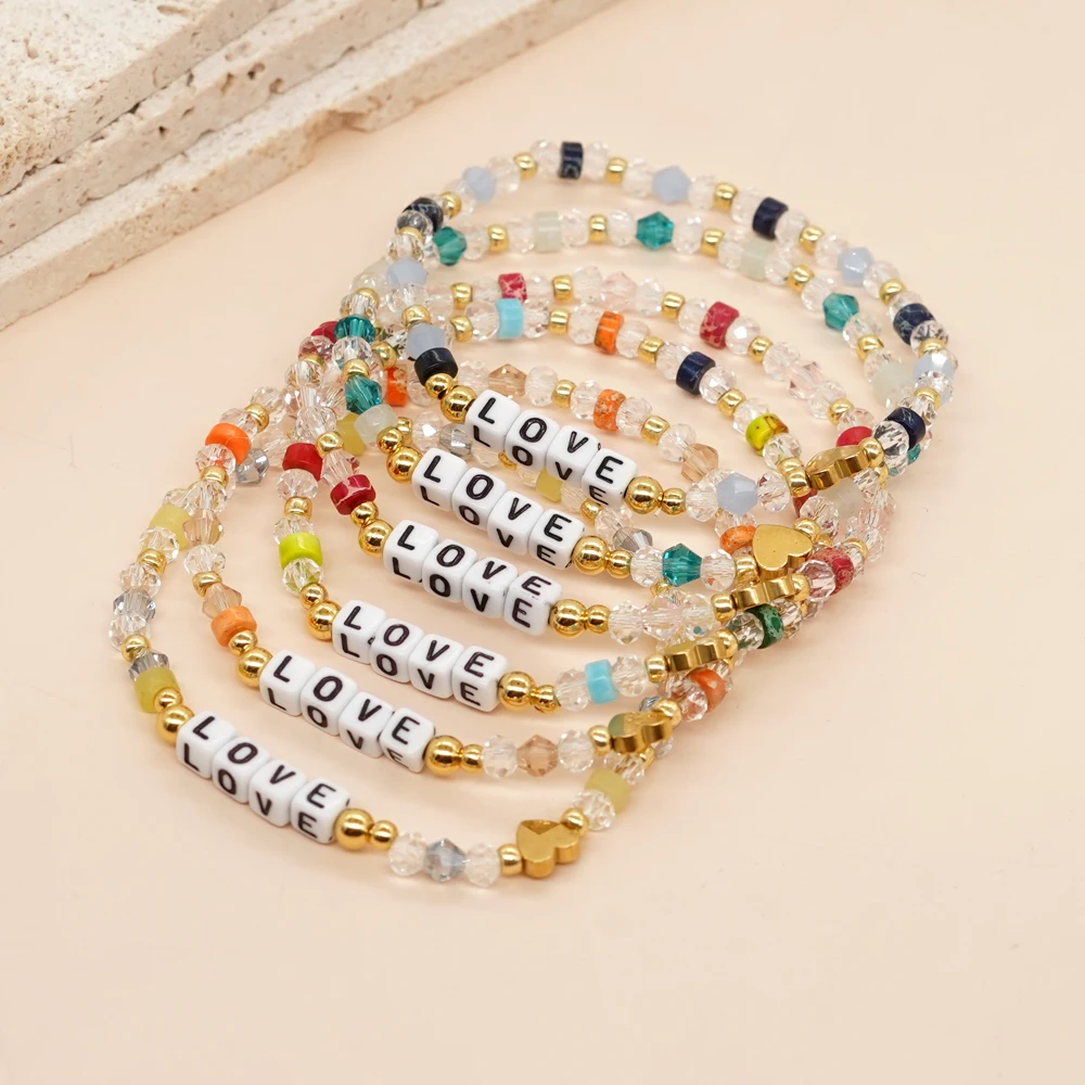 

Love Letter Crystal Stretch Bracelet Rainbow Beaded Bracelets Summer Beach Jewelry Handmade Design Gift for Women Teen Girl