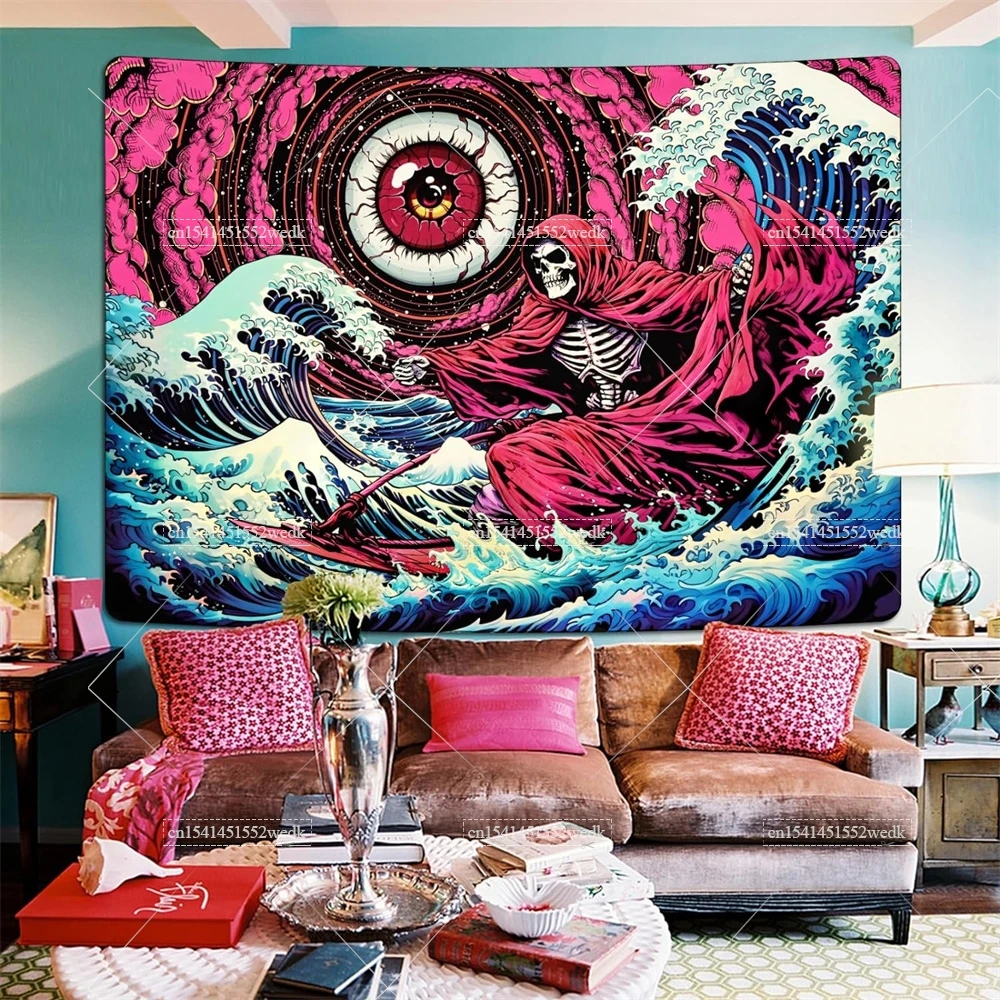 Готический настенный гобелен с черепом и волнами в японском стиле