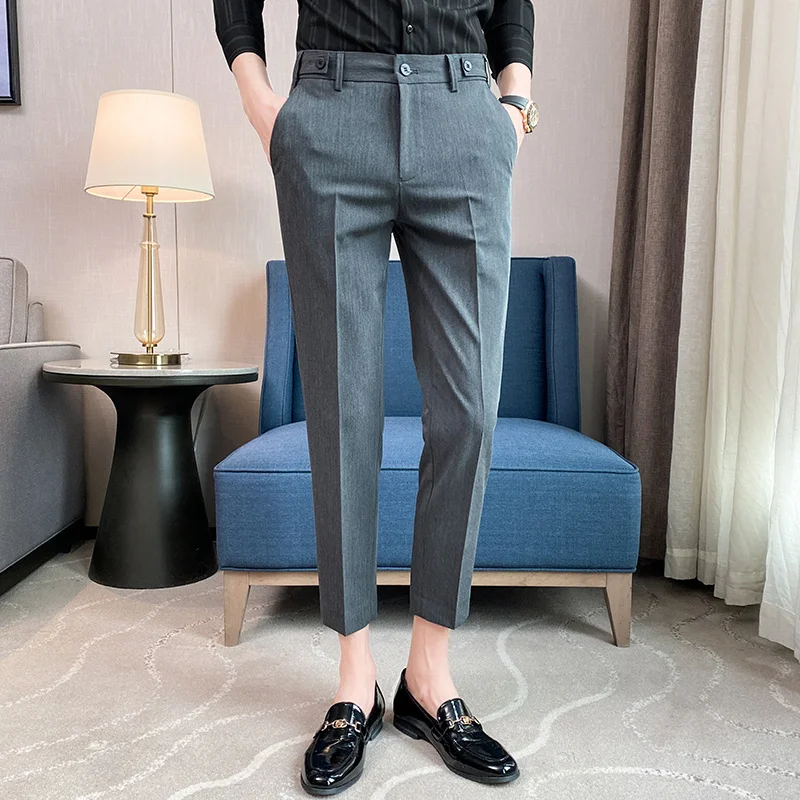 

2024 Spring Summer Business Dress Pants Men Solid Color Office Social Casual Suit Slim Ankle Length Trousers Costume Homme