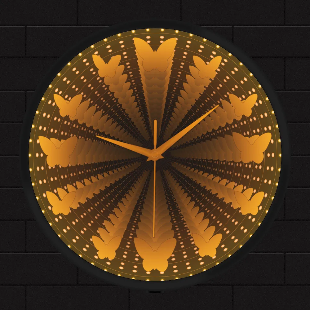 

Butterflies LED Infinity Mirror Wall Clock Glow in Dark Girl Room Home Decor Animals Theme LED Nightlight Tunnel Lamp Wall Watch