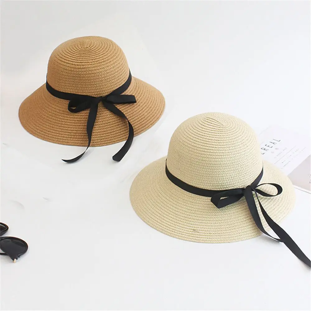 

Summer Women Bblack Ribbon Bow Straw Cap Wide Brim Foldable Floppy Beach Hat Casual Portable Sun Hat Visors Beige Khaki Pink