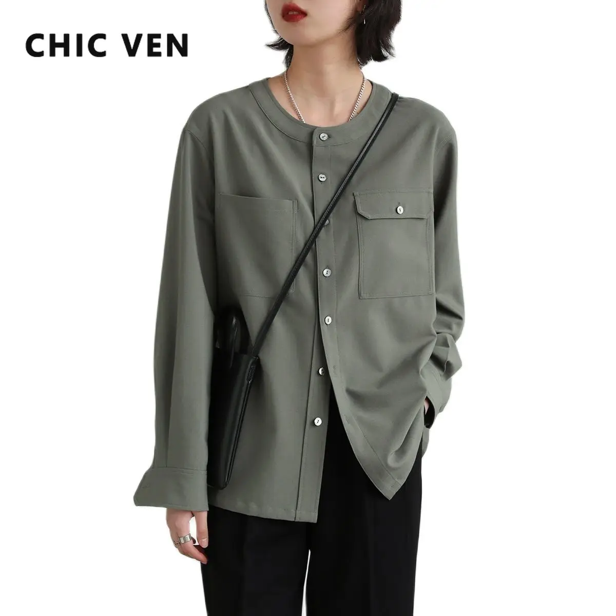 

CHIC VEN Women's Blouses Loose Round Collar Solid Basic Women Shirt Fashion Long Sleeves Spring Summer 2022 Casual Female Tops