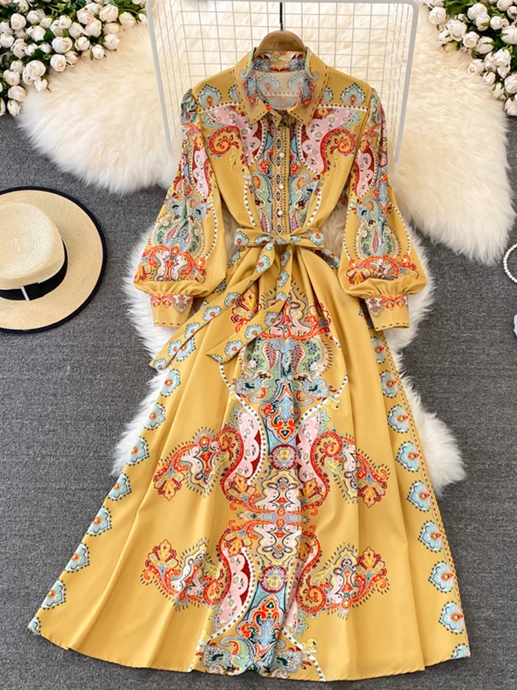 

Fitaylor New Vintage Spring Autumn Floral Print Slim Button Lady Full Dress A Line Turndown Collar Mid-Calf Women Dresses