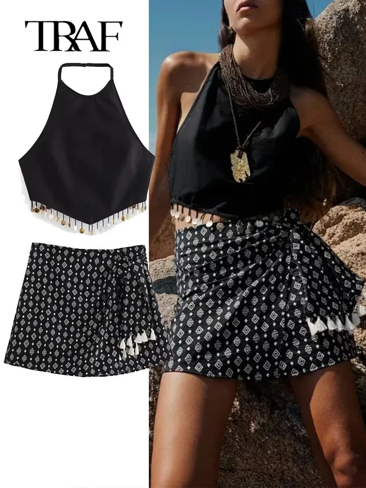 

TRAF Women New Camisole Shorts Skirts Sets 2023 Fashion Summer Beach Style Halter Solid Short Tops+Print Chic Mini Shorts