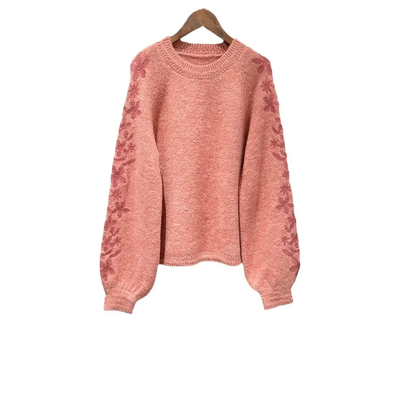 French sle Early Spring Soft Glutinous Fashion Flower Embroidery Puff sleeve round Neck Pullover Women's sweater |