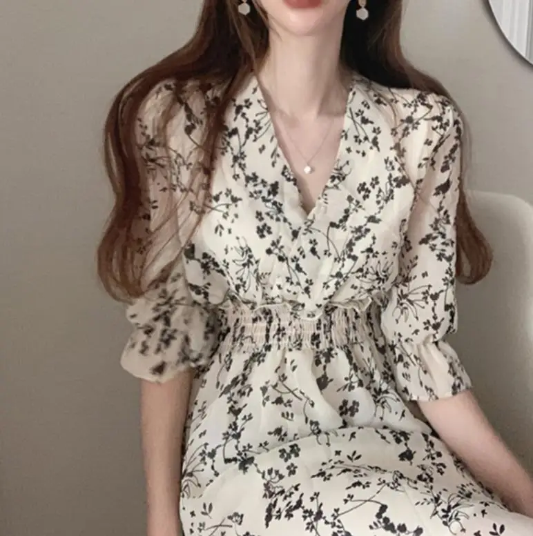 

Женское шифоновое платье с цветочным принтом, винтажное длинное облегающее офисное платье-трапеция в Корейском стиле с эластичным поясом и...