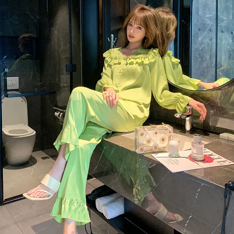 Pajamas Suit Women Pink 2PCS Home Clothing Intimate Lingerie Flare Sleeve Spring Casual V-Neck New Homewear Sleep Set Pyjamas