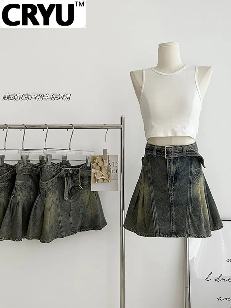 

2023 Summer Women Korean Fashion Jean Denim Mini Pleated A-line Skirt With Belt Built-in Underpants Y2k Streetwear Gyaru Tide