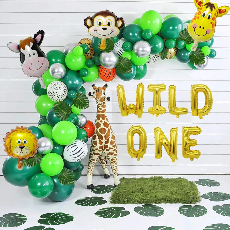 

100Pcs Wild One Jungle Safari Theme Balloons Garland Arch With Artificial Leaves For Baby Boys 1st Birthday Party Decorations