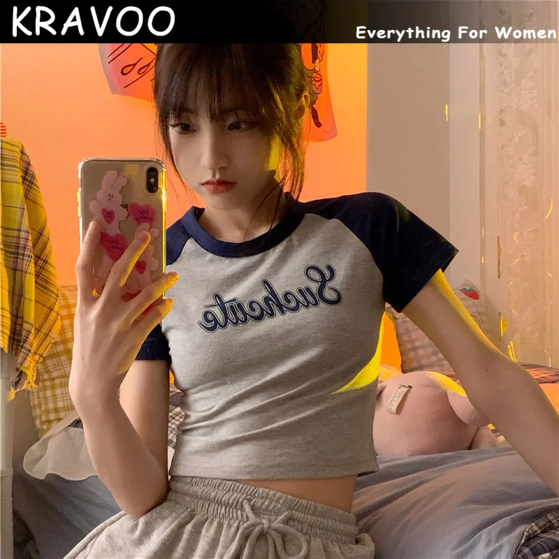 

KRAVOO 2023 женская футболка короткий топ с принтом Харадзюку летние корейские с коротким рукавом Сексуальная винтажная уличная одежда эстетические футболки Y2k одежда