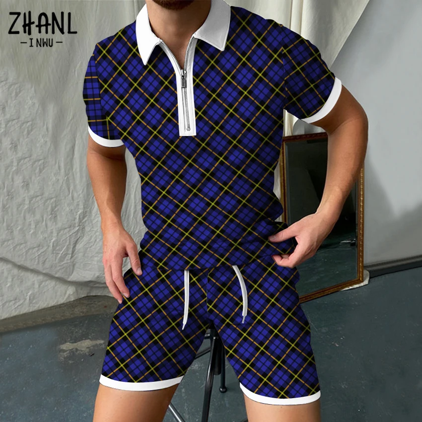 

2022 summer European and American men's set 3d Printed Polo Shirt top shorts suit Casual zippered lapels Polo shirt 2-piece sets