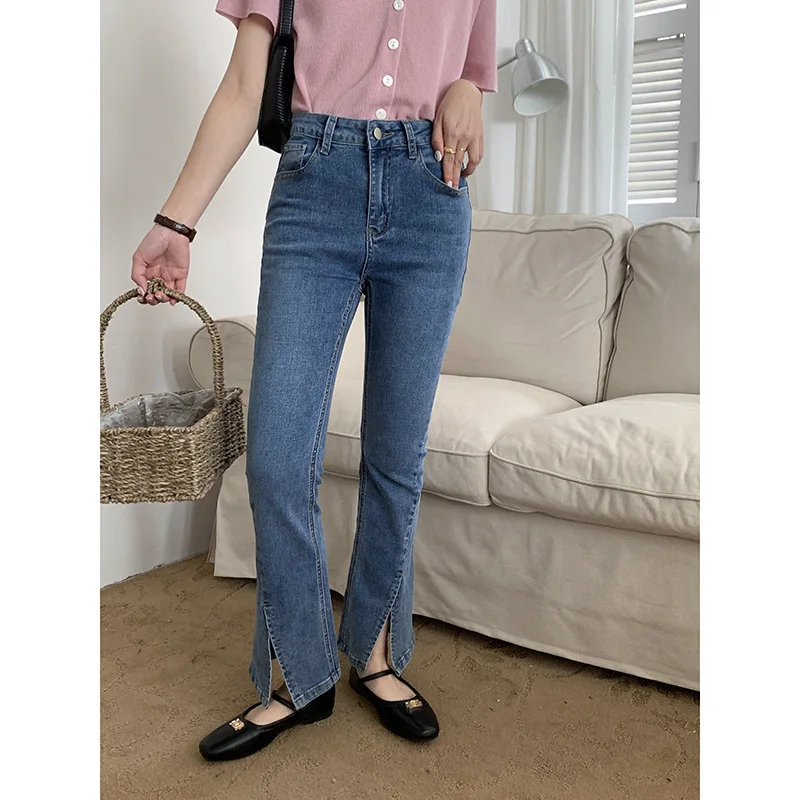 Women's Korean Style Slit Jeans 2022 Fall High Waist Slim Stretch Flared Pants Female Casual Wash Blue Jeans Women's Clothing