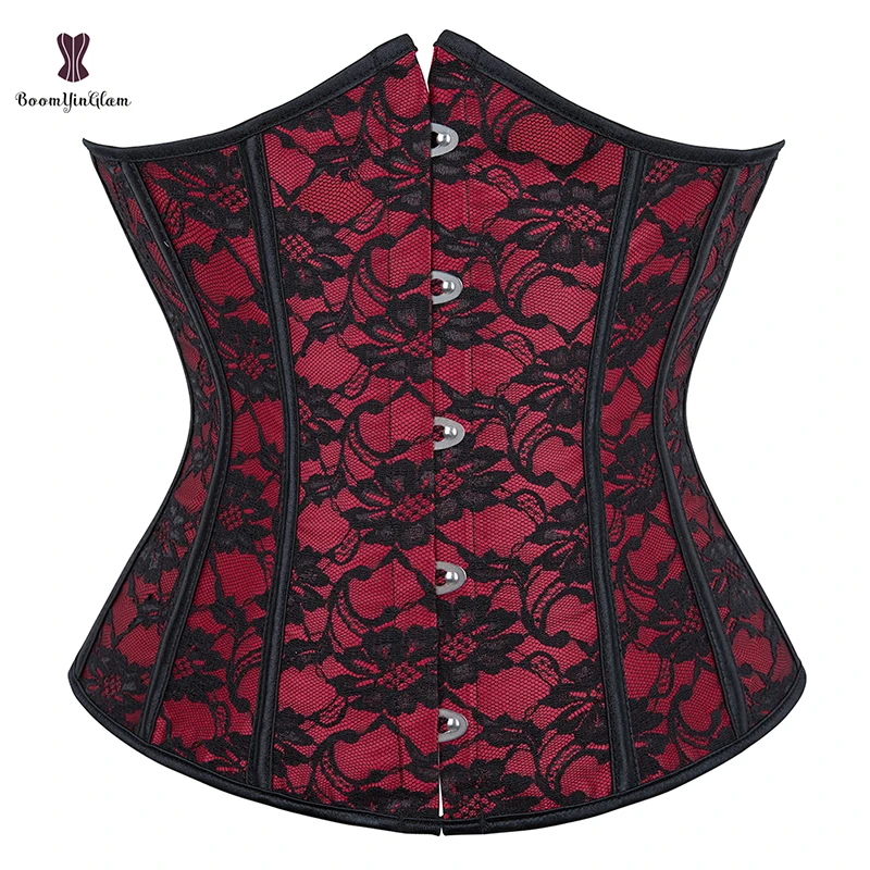 Front 29.5CM Red Floral Lace Waist Corsets Long Troso Cincher Shapers Underbust Korsett Woman Plus Size Outfit Shapewear 919#