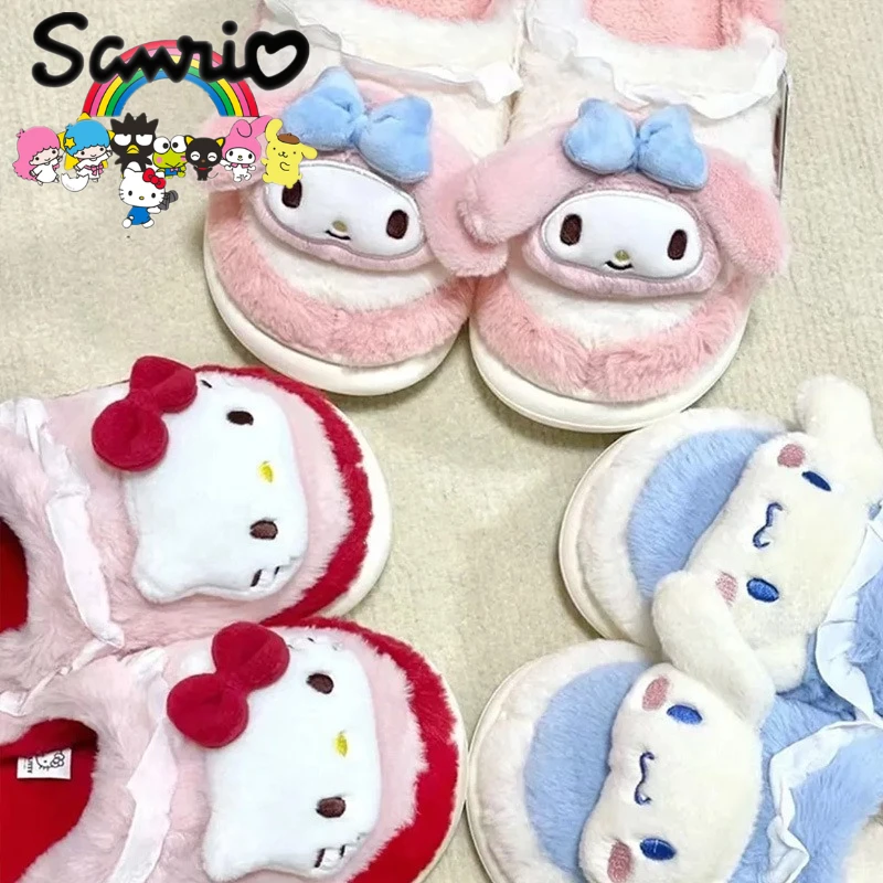 

Cute Sanrio Cotton Slippers Hello Kitty Kuromi Mymelody Cinnamoroll Kawaii Cartoon Warm Home Slippers for Girls In Winter