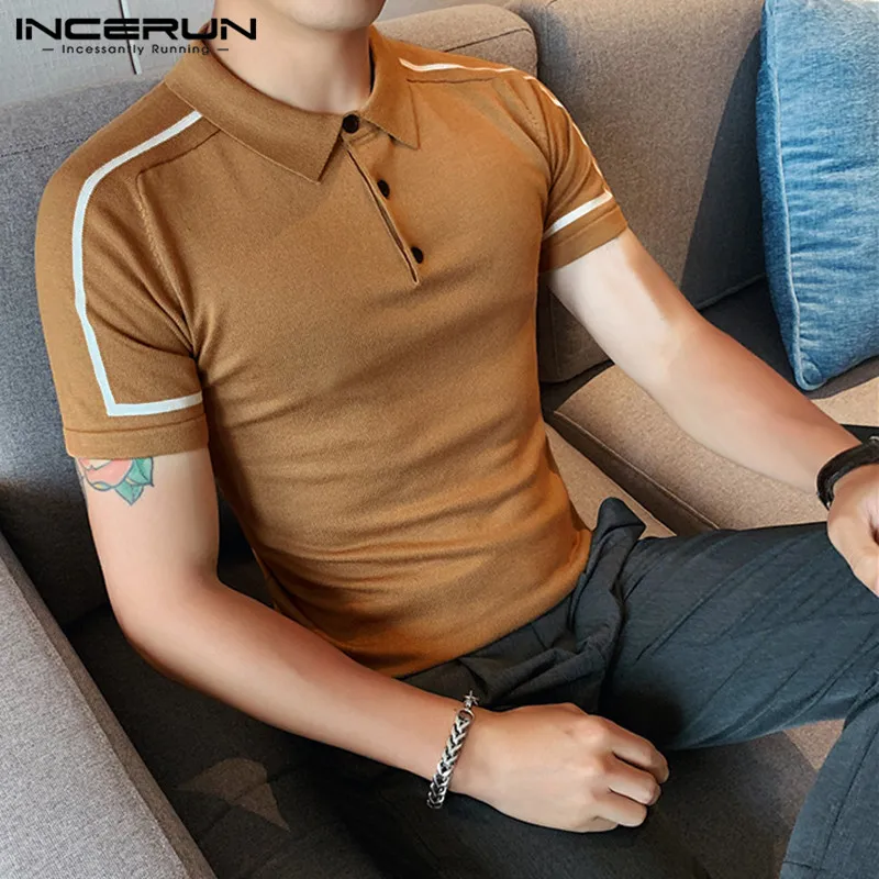 

INCERUN Tops 2023 Korean Style Handsome Mens Plain Knitted Stretch Shirts Casual Male Solid Color Comfortable Lapel Shirts S-5XL