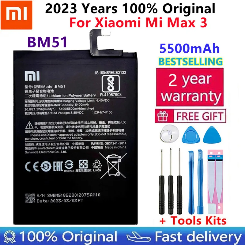 

100% Orginal Xiao mi BM51 5500mAh Battery For Xiaomi Max 3 Max3 MiMax3 High Quality Phone Replacement+Free Stickers