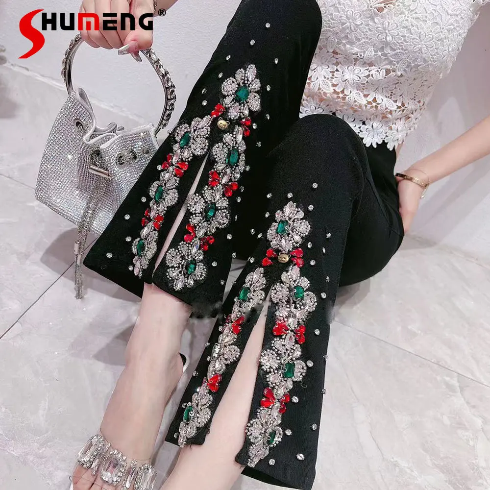 

Women's Fall Korean Fashion Sweet Flared Pants Ladies Elegant Fairy Luxury Colorful Crystals High Waist Slimming Slit Trousers