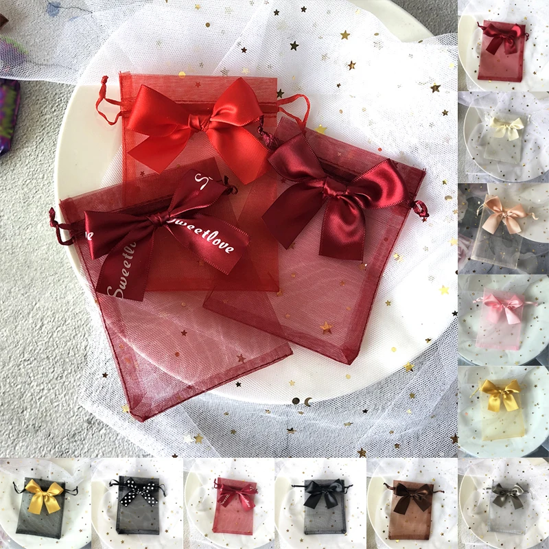 

10pcs Jewelry Packaging Bag Mesh Organza Drawstring Bowknot Pearl Yarn Bags Wedding Candy Gifts Storage Bag Pouches New Fashion