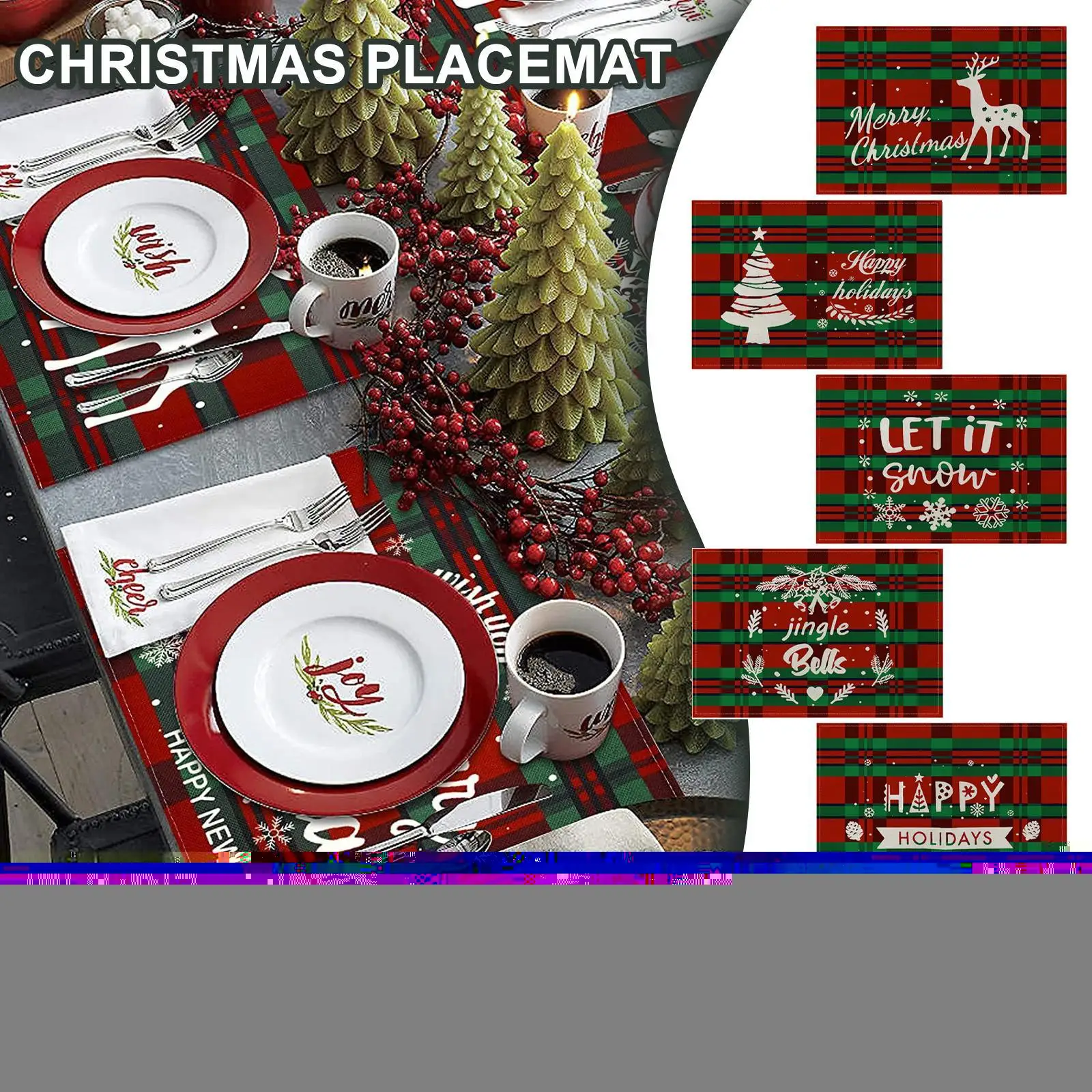 

1pcs Christmas Placemats New Red Black Plaid Placemats Reversible Heat-Resistant Santa Claus Place Mat For Xmas Home Decoration