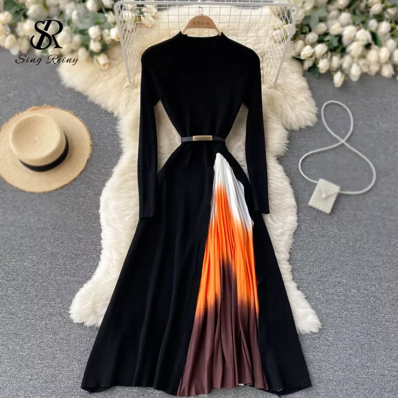 

SINGREINY Women Elegant French Dress Design Splice Gradient Pleated A-line Knitted Dresses Autumn Fashion Streetwear Midi Dress