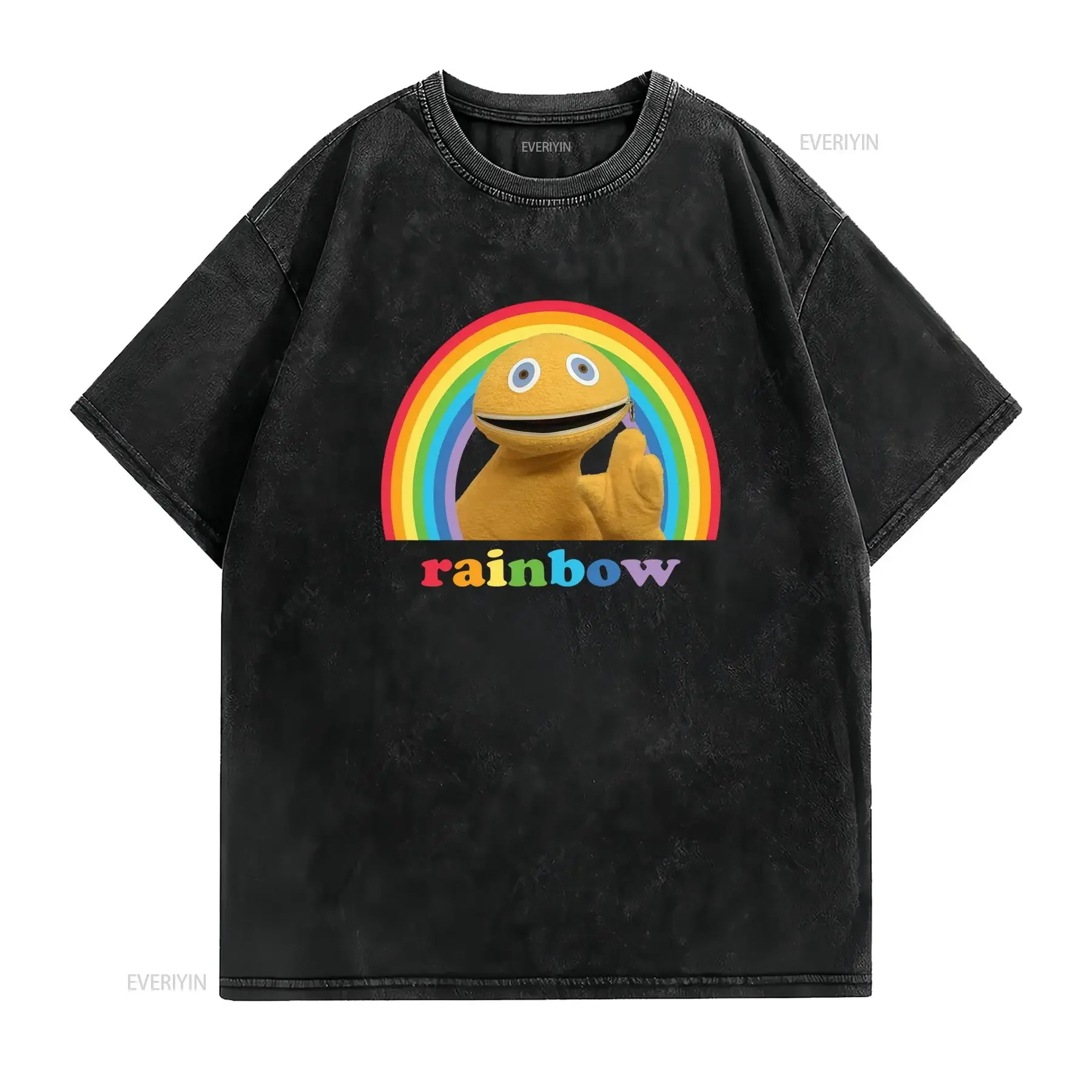 Фото Футболка Zippy Rainbow с культовым логотипом, повседневный дизайн с круглым вырезом, вдохновленный стилем, для круглогодичной носки, машинная стирка, черный винтажный цвет. №2
