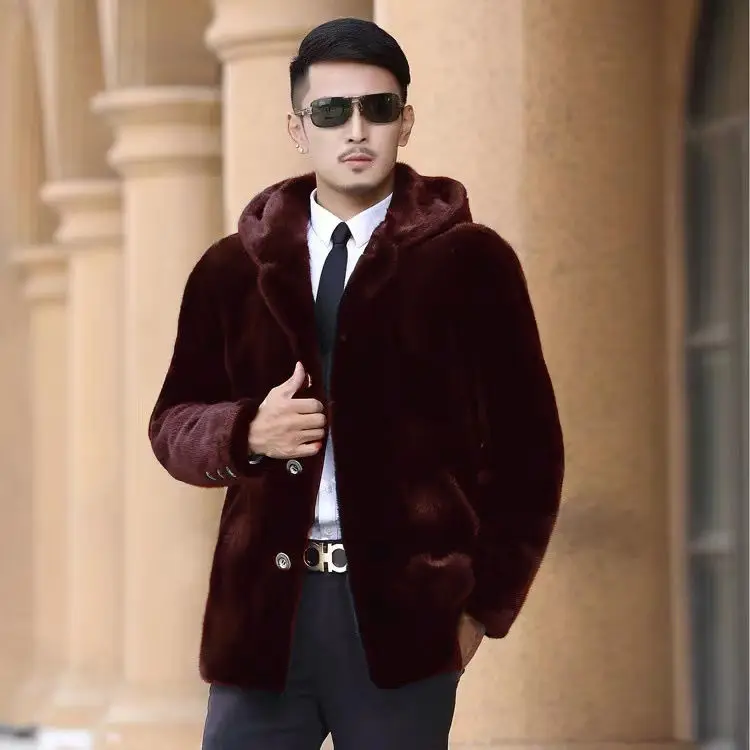 

Новинка Осень-зима 2022, Мужское пальто из искусственного меха норки, мужское теплое меховое пальто с отложным воротником и капюшоном, корейс...