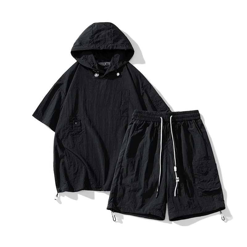 Ropa Men Clothing Hooded Korean Fashion Men Designer Clothes 2 Piece Sets Outfit 2023 Summer Short Sleeve And Shorts Casual Suit