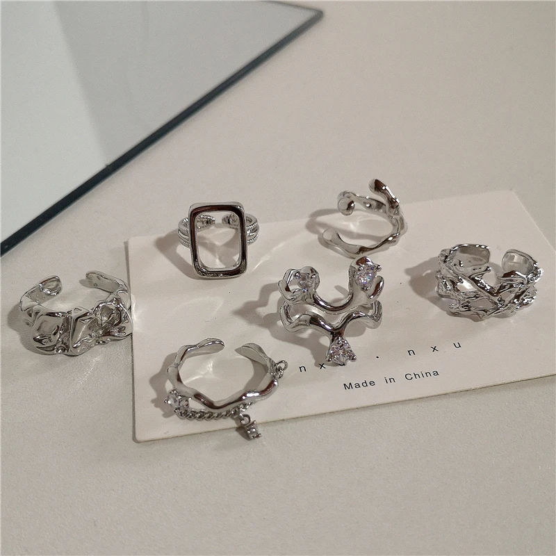 

Kpop Punk Creative Geometric Unusual Crystal Chain Open Ring For Women BFF Vintage Aesthetic Grunge Jewelry EMO Y2K Accessories