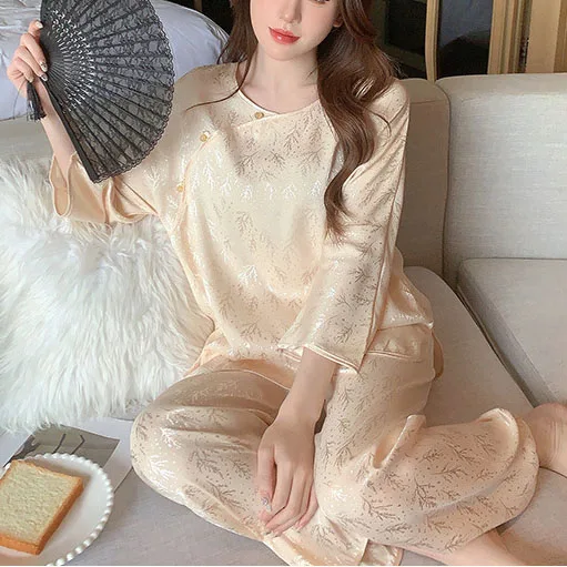 

Women Sexy Retro Pyjamas Satin Pajamas Chinese Style O-Neck Sleepwear Printed Nightgown Long Sleeve Home Clothes Silky Nightwear