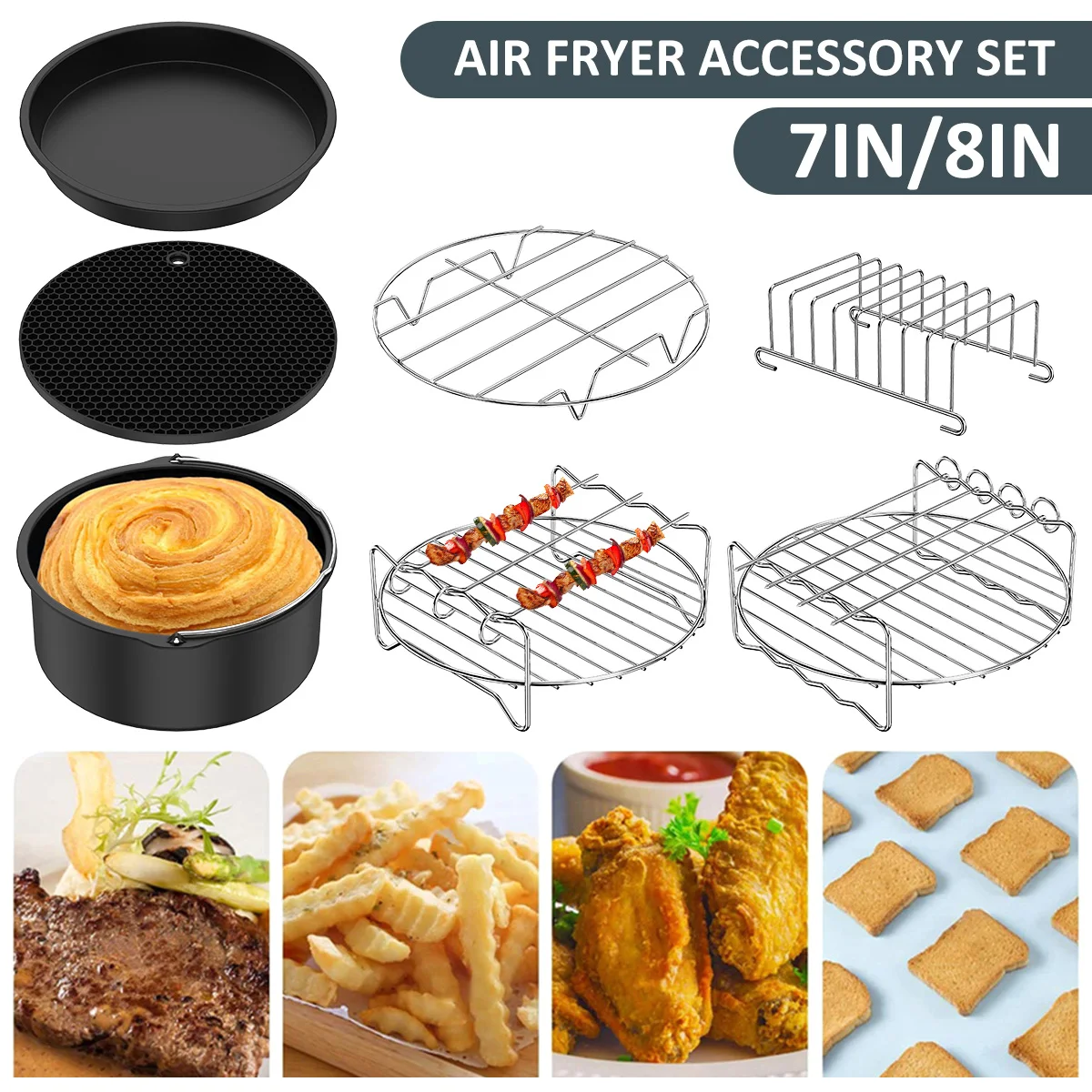 

L 6Pcs Air Fryer Accessories Set Stainless Steel Air Fryer Accessories with Baking Tray Pizza Pan Skewer Rack Toast Rack