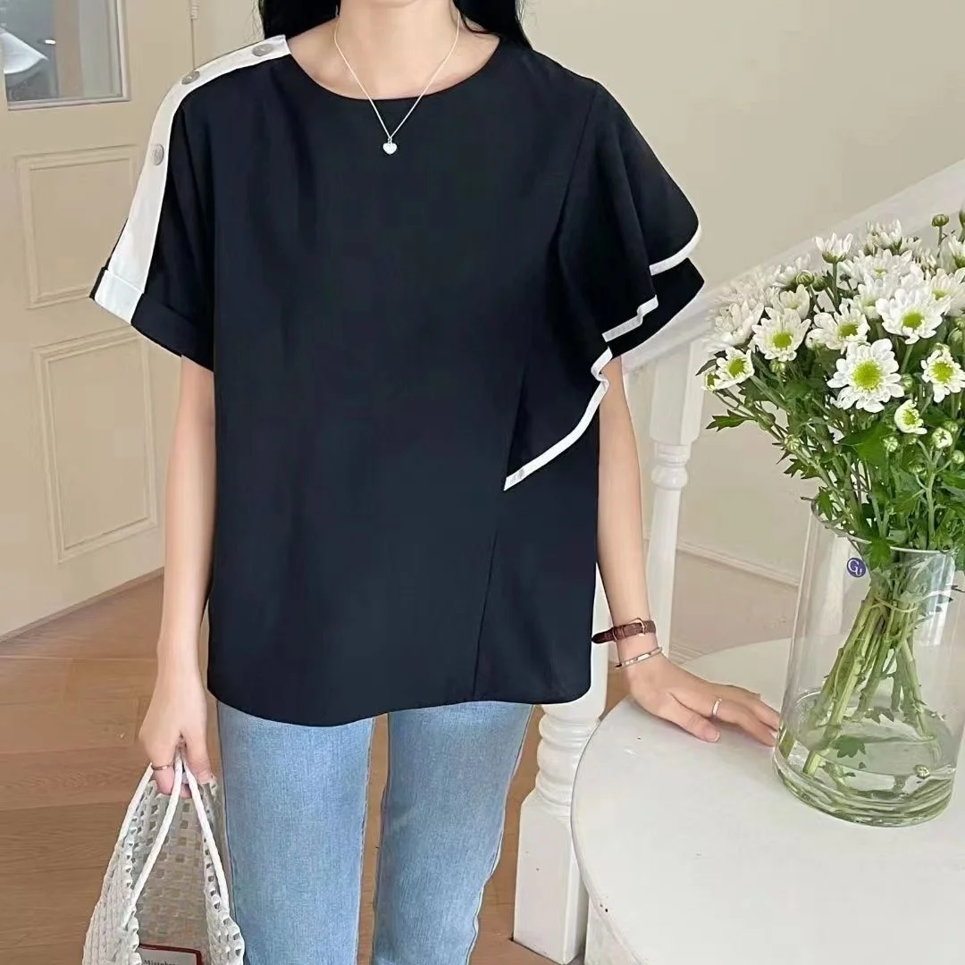 

2022 Korean Women's T-shirt One Shoulder Lotus Leaf Trim Loose Round Neck Short Sleeved Shirt Patchwork Irregular Ladies Top
