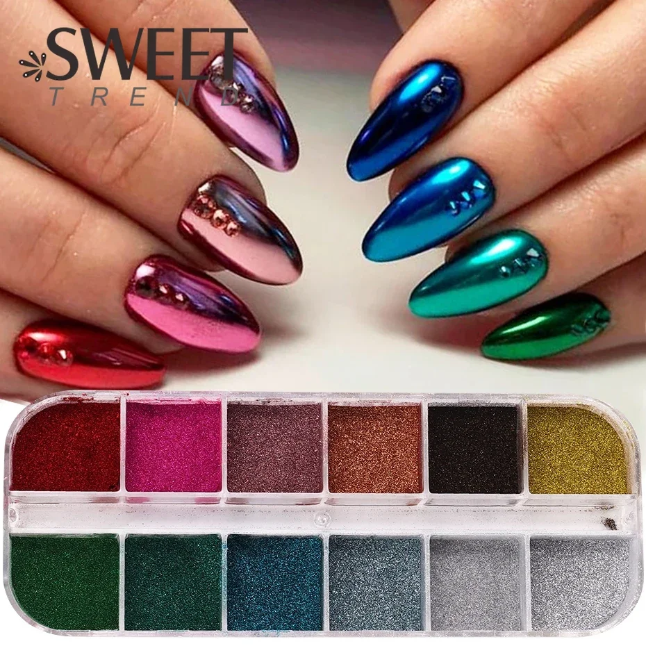 Зеркальный блестящий порошок для ногтей с 12 сетками металлический красочный