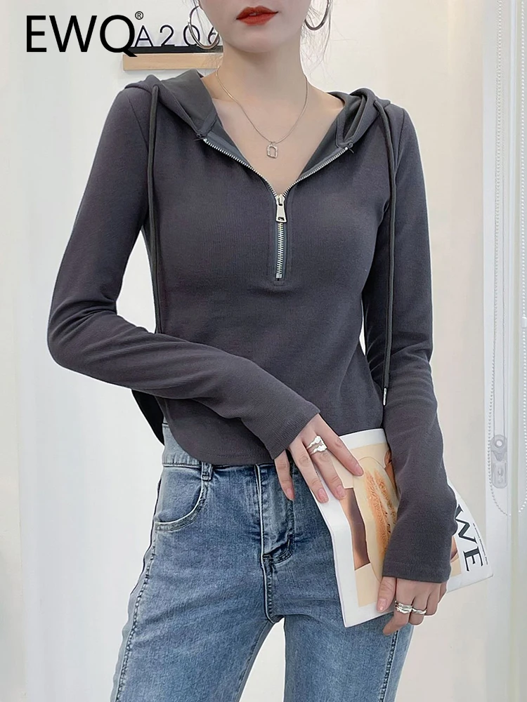 

EWQ Solid Hooded Pullover Sweatshirt For Women Zipper Long Sleeve Slim Drawstring Elegant Female Tops 2023 Autumn New 26D4739