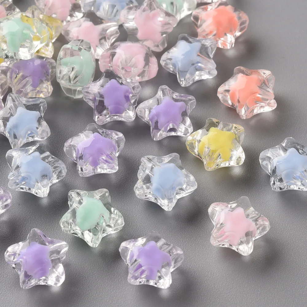 

100pc Transparent Acrylic Beads Bead in Bead Faceted Star Mixed Color 10.5x11x7mm Hole: 2mm