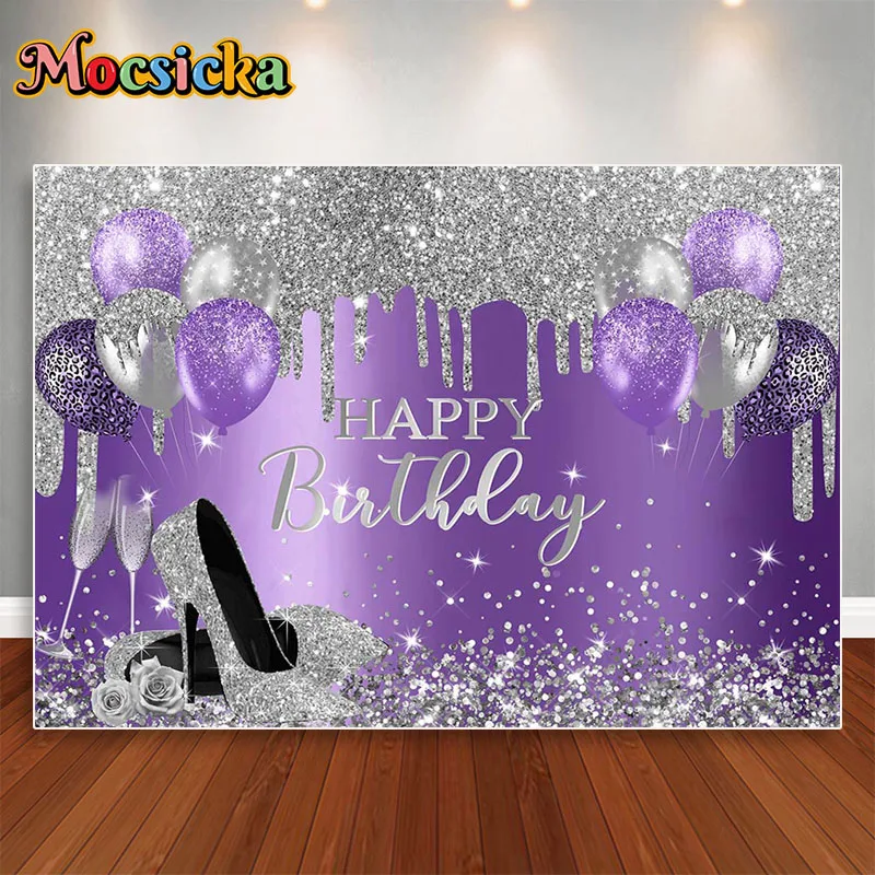 

High Heels Happy Birthday Photography Backdrop Women Black Silver Champagne Balloon Sequin Glass Red Rose Background Banner