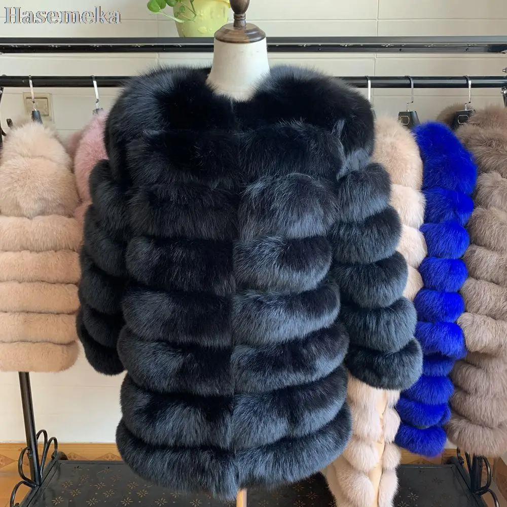 100% Real Fur Real Fox Fur Coat Outfit Quality Long Sleeves Silver Outwear For Women Winter Warm Thick Natural Fox 70CM Overcoat