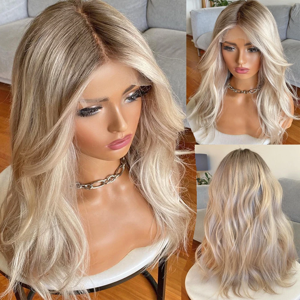 

Platinum Blonde Highlight Wig Full Lace Human Hair Wigs Virgin Hair Ombre Colored Ashy Roots HD 13x6 Lace Front Wig for Women